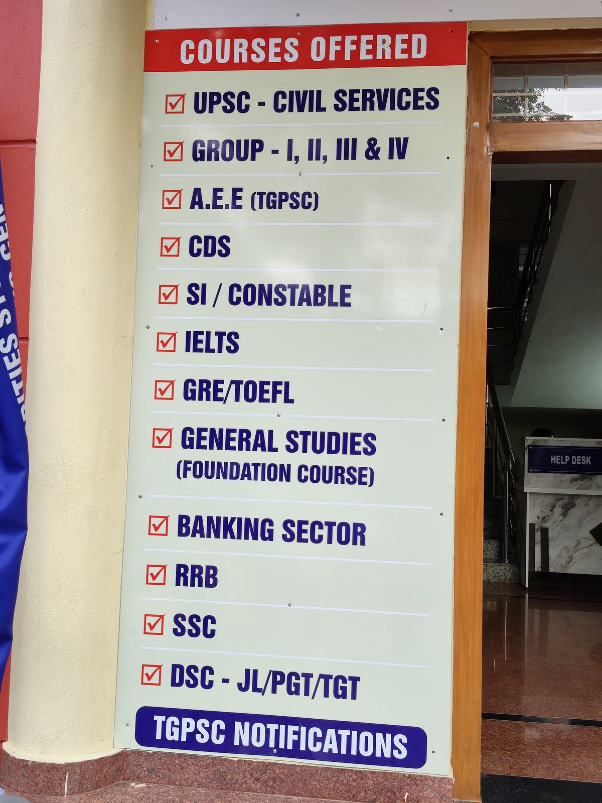 Signage listing courses offered at the centre